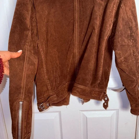 Express Men's Chocolate Brown Suede Bomber with Cream Collar - Picture 6 of 8